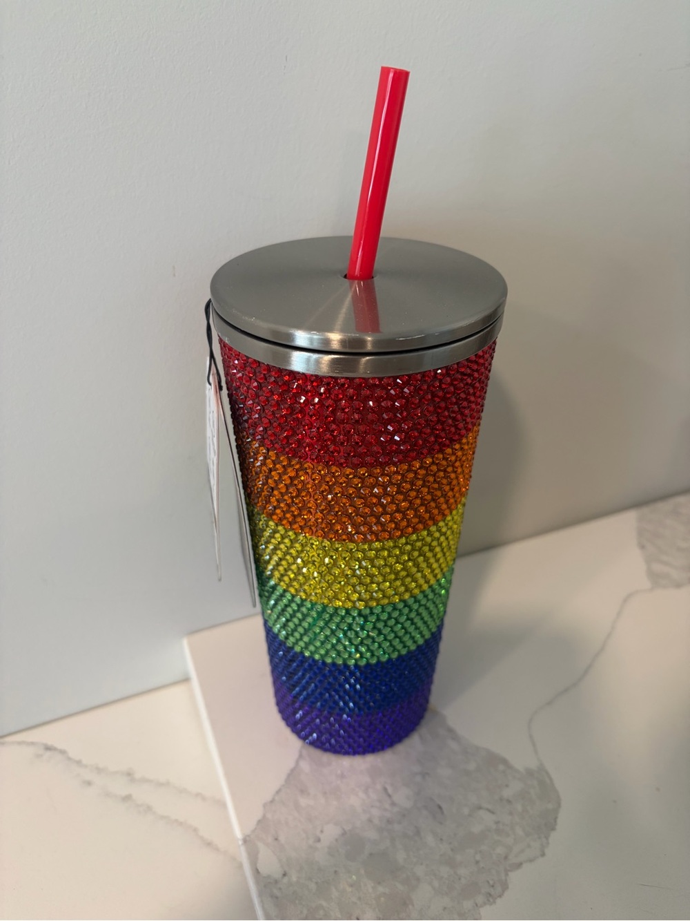 Rainbow Rhinestone Tumbler with Straw - Colorful Bedazzled Cup